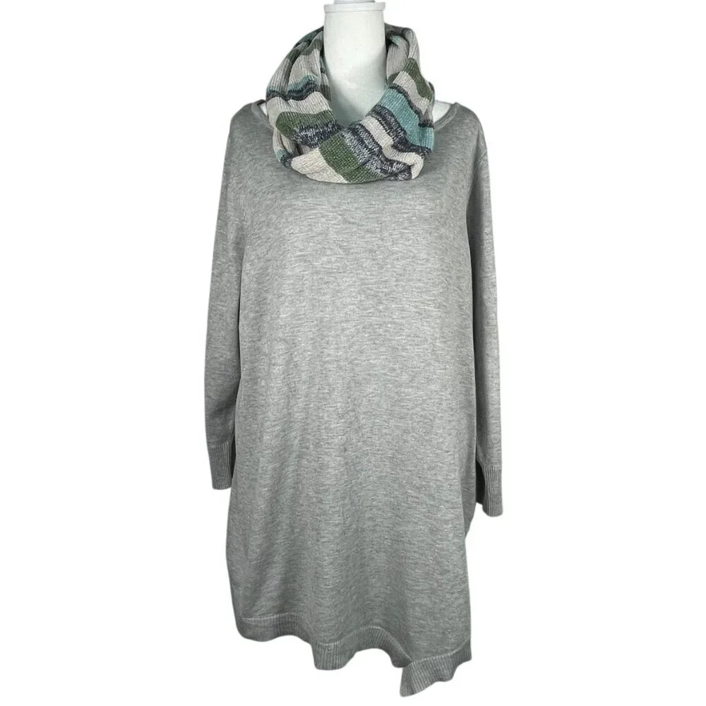 89th & Madison Gray Tunic Sweater + Scarf Set 1X Plus Cozy Knit